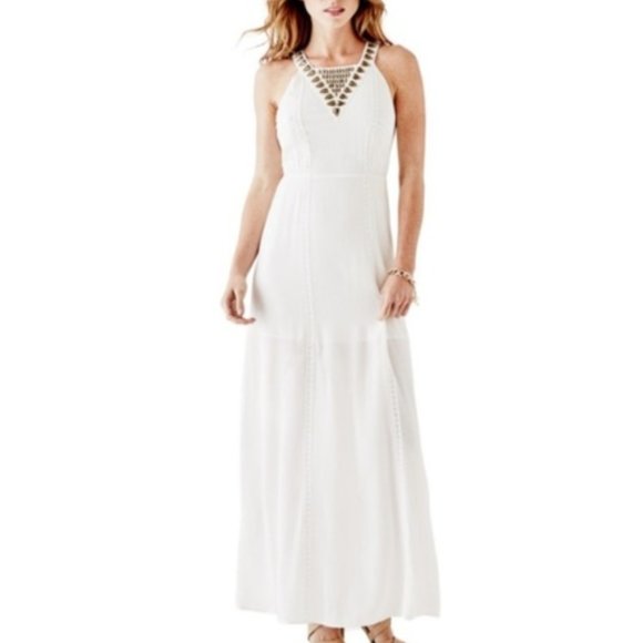 “Guess” Off-White Gold Studded Halter Maxi Dress with Back Cut-outs Size 8 - Picture 2 of 10